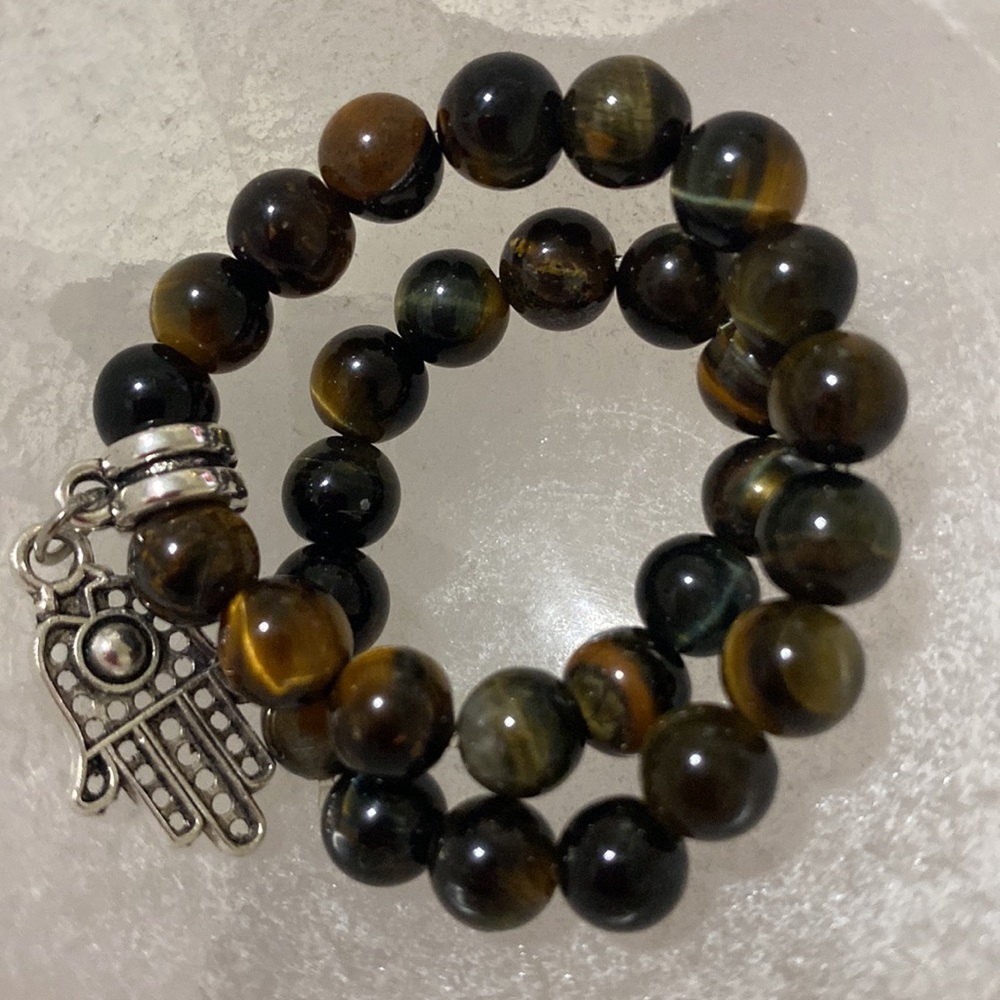 GENUINE TIGERS EYE BEADED BRACELET WITH HAMSA CHARM, STRETCH CORD